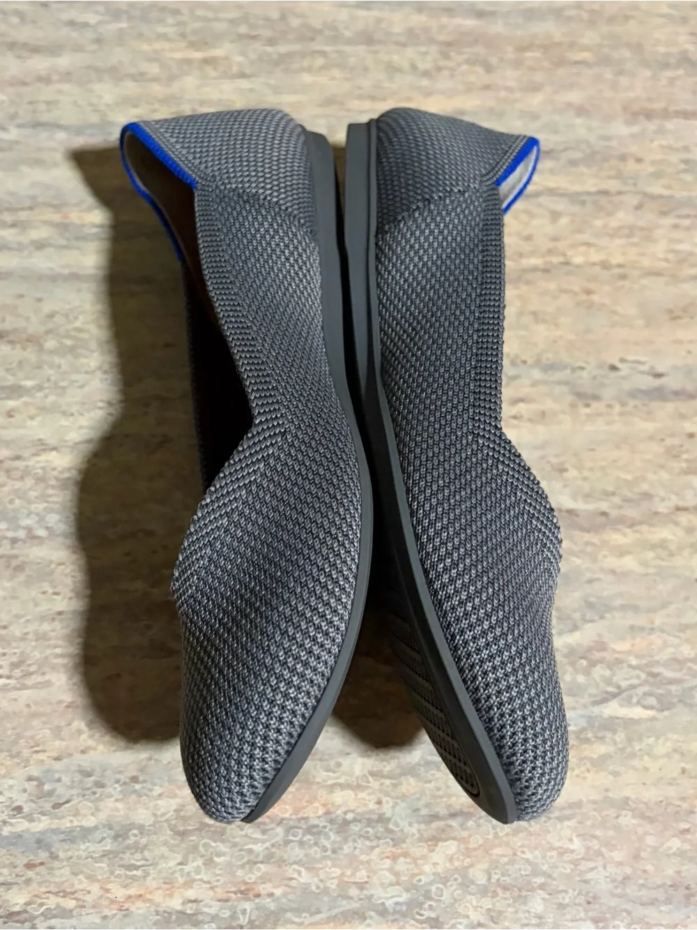 Rothy’s Grey Knit Ballet Flats with Red Insole and Blue Trim